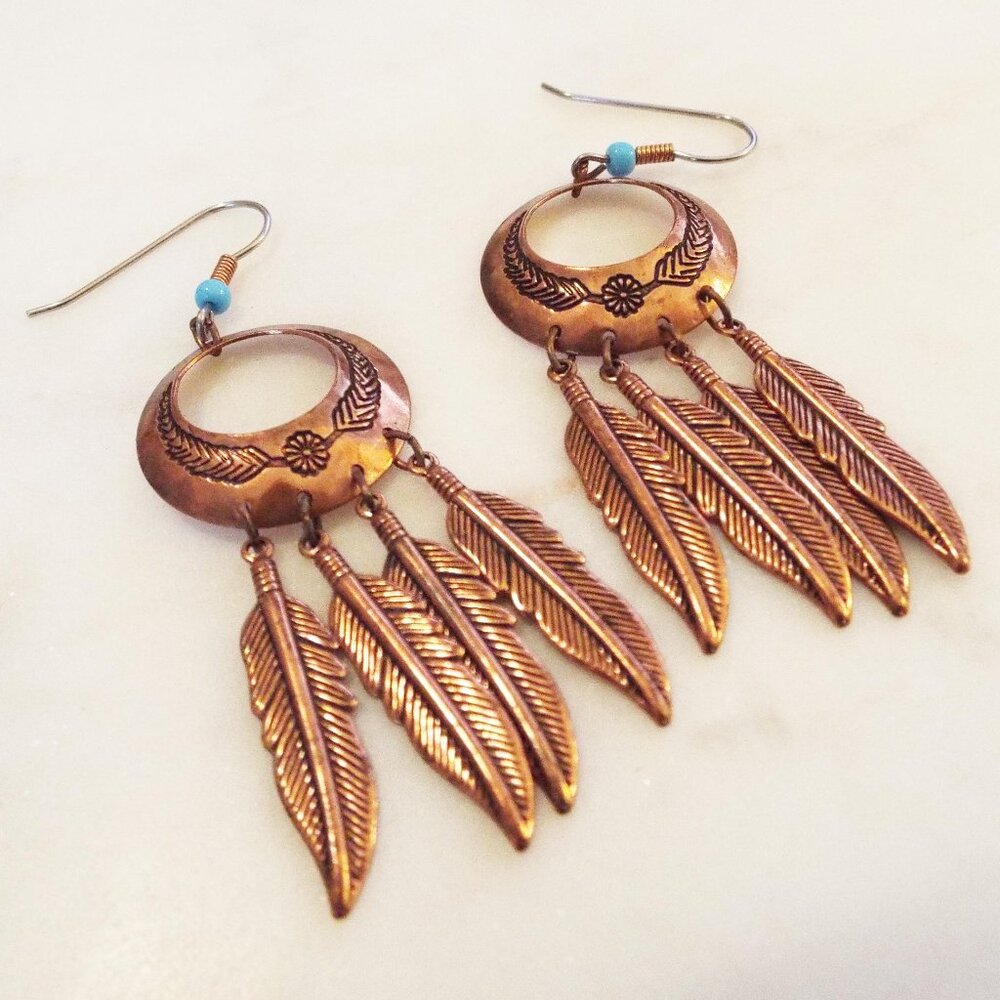 NATIVE AMERICAN COPPER INCISED FEATHER DANGLING W/ TURQUOISE BEAD EARRINGS A